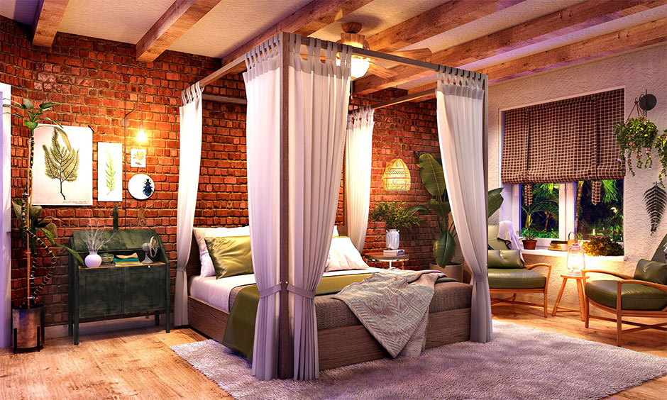 Charming colonial cottage interior bedroom with four-poster bed, wooden accents, and nature-inspired colour palette