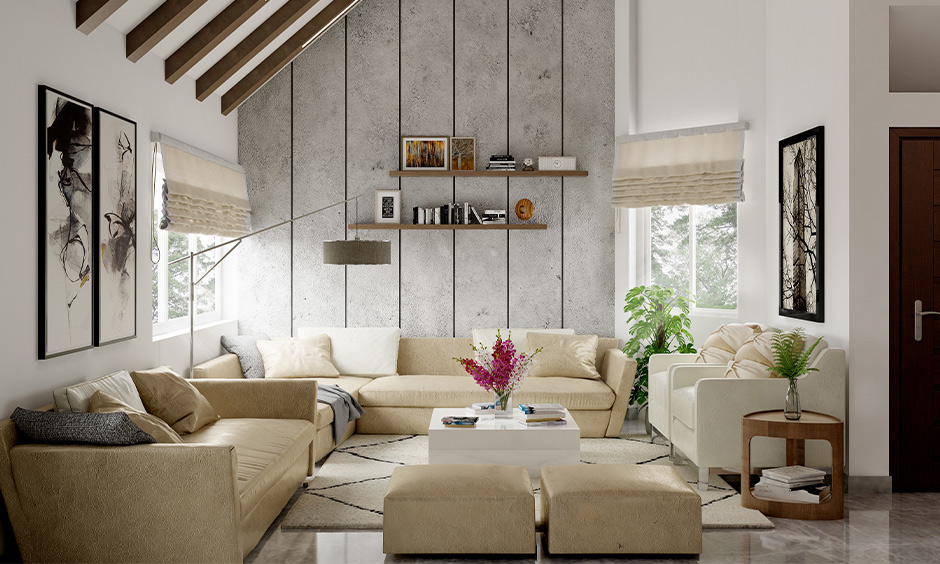 Cosy colonial farmhouse interior living room with pitched roof, wooden beams, and neutral furniture
