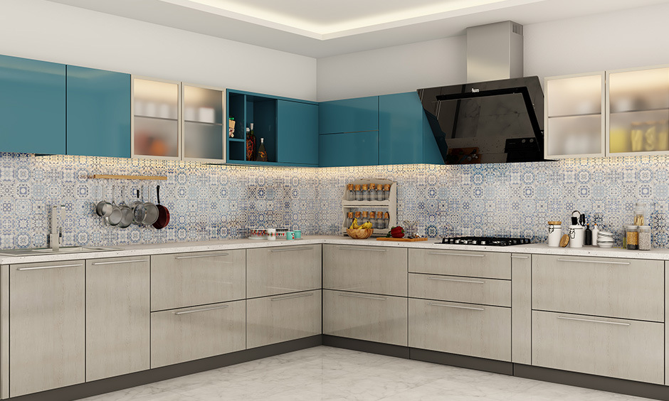 Blue and white modular kitchen design, perfect for customisable layouts