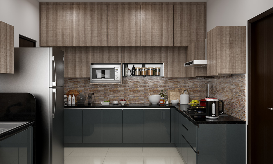 Dark grey and brown kitchen laminate colour combination reflecting sophistication and royalty