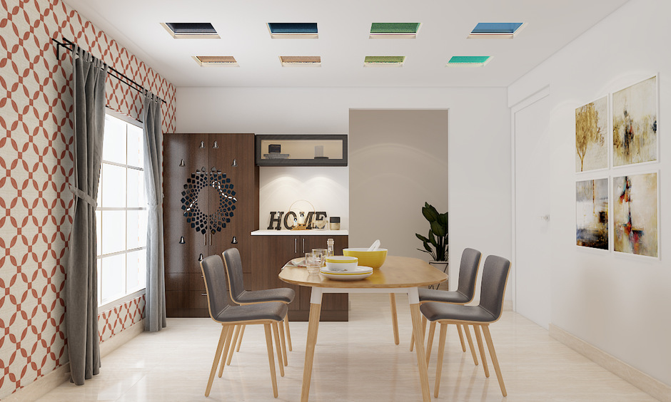 Simple coffered ceiling with painted patterns in mixed colours