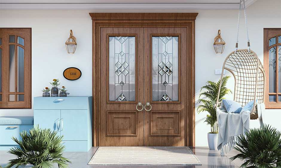 Double panel door design exudes sophistication and grand elegance, with sturdy construction and intricate detailing