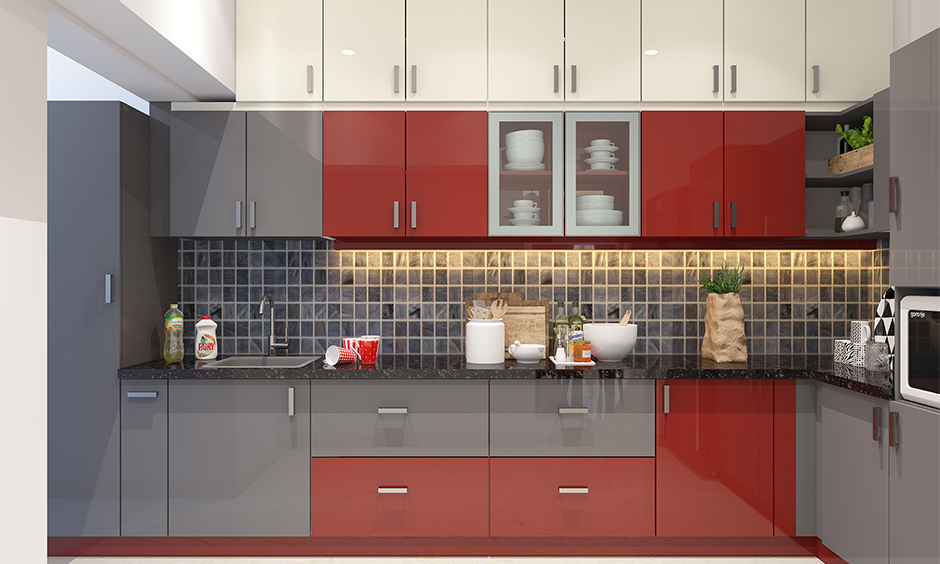 Grey and red laminate colour combination for kitchen creates bold, passionate, and productive space