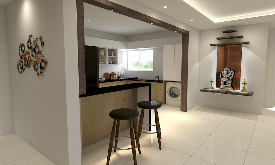 Hallway modern design includes a serene mandir with natural materials and clean lines