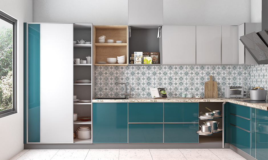 Blue and white kitchen sunmica design, offering durability and high-end finish for a contemporary look