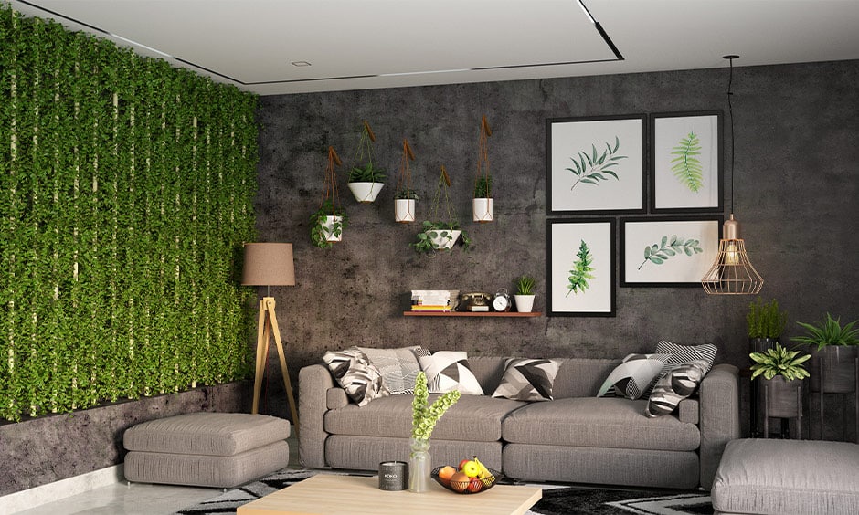 Stylish living room interior with artificial plant decor costing Rs. 20000