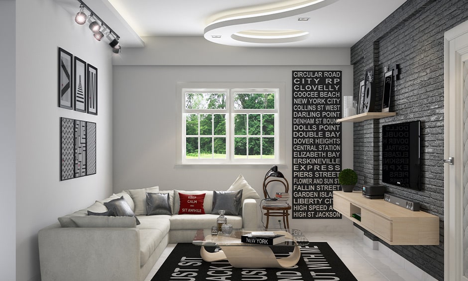 Modern living room featuring a stylish TV unit with storage, and it costs almost Rs. 1,00,000
