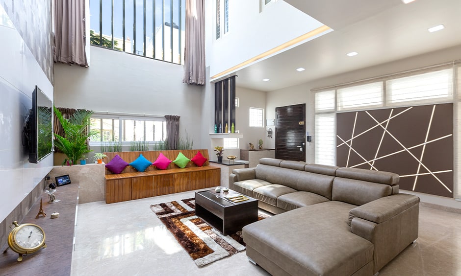 Spacious living room with L-shaped sofa set