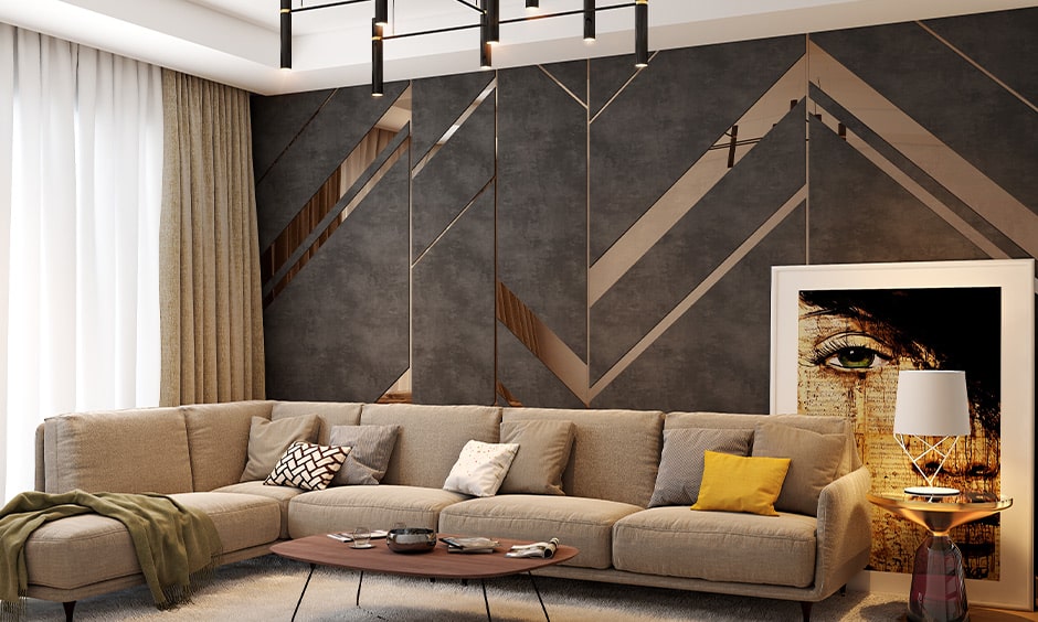 Cosy living room with wooden wall design and wallpaper costing Rs. 10000
