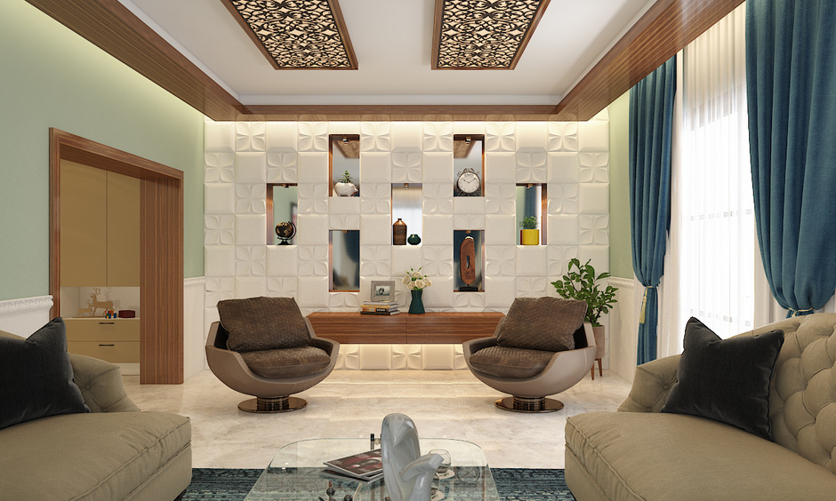 MDF coffered ceiling with intricate wood strips and warm LED lights