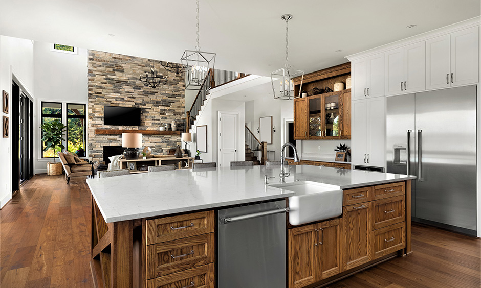 Modern colonial-style interior kitchen with open layout and luxe colours