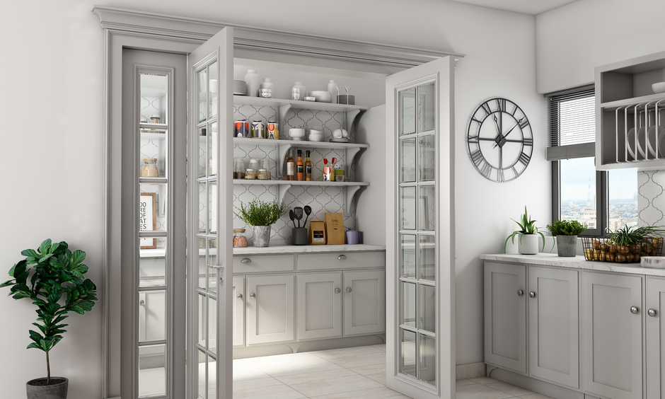 Modern kitchen storeroom design in white and grey, balancing style with functional open shelves