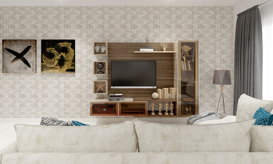Off-white printed wallpaper adding subtle elegance and warmth to the room