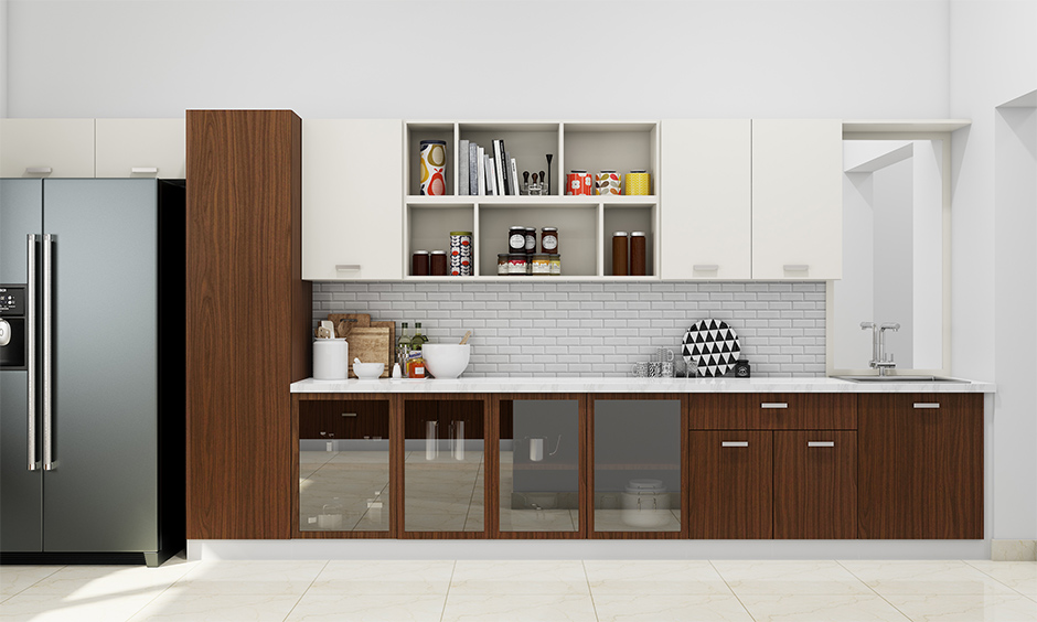 Pure white brick-effect wallpaper for urban chic kitchen