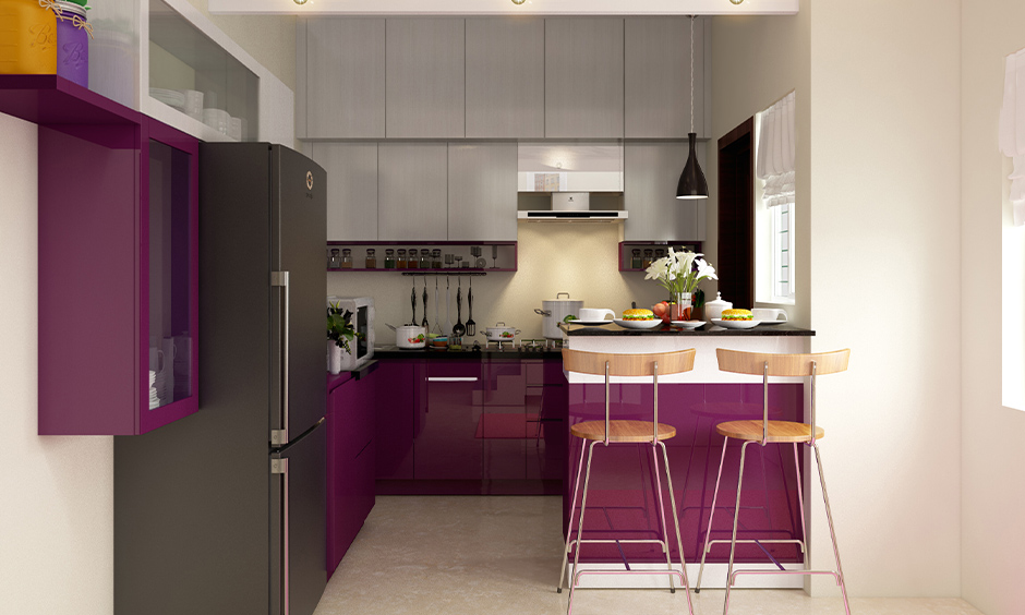 Regal small kitchen laminate color combination: purple-light grey in high-gloss finish