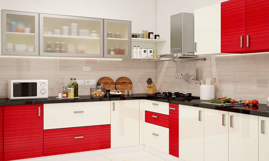 Vibrant Red & White Kitchen Laminate Colour Combination for a lively, appetising space