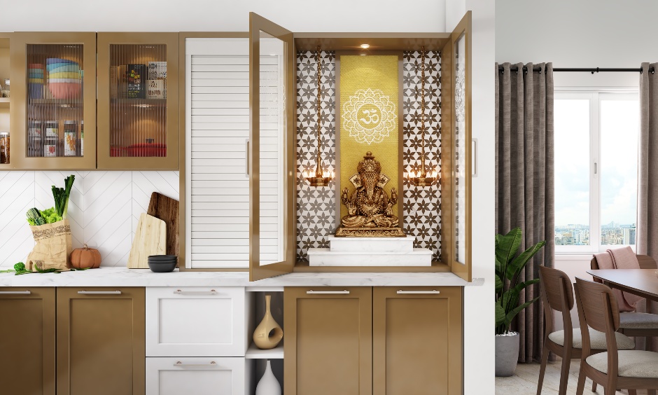 Minimalist wall-mounted pooja mandir with glass doors and storage