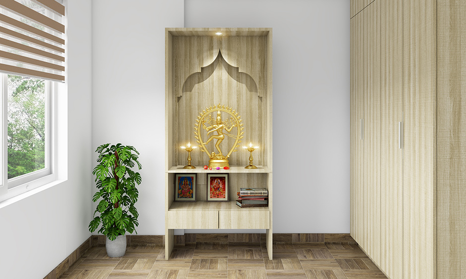 Compact and simple pooja mandir design for small spaces, easy to install and shift anywhere