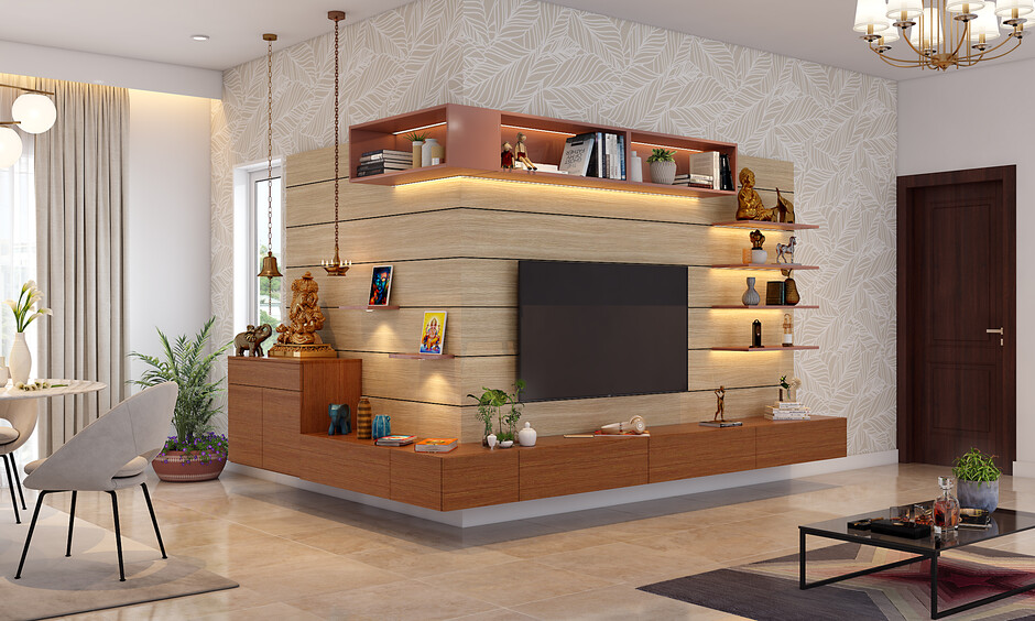 Simple wooden pooja mandir design features clean lines and understated details, creating a serene and spiritual space
