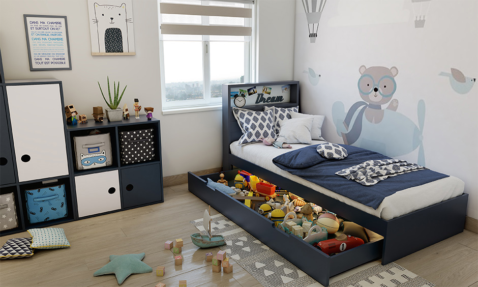 Single bed design with built-in box storage maximises the space
