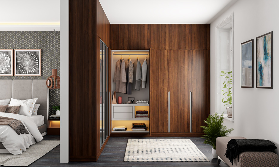 Sliding wardrobe sunmica design with concealed handles for a sleek, space-saving look