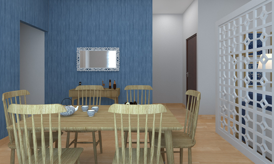 Blue textured smooth-rough play with modern interior wall