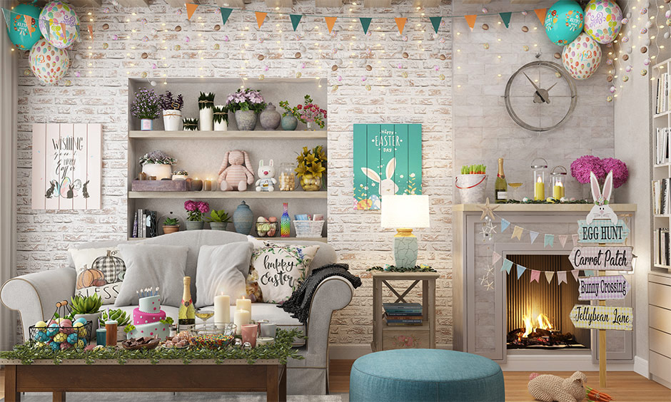 Stylish colonial-inspired family room with white brick wall, cosy furniture, and vibrant accents