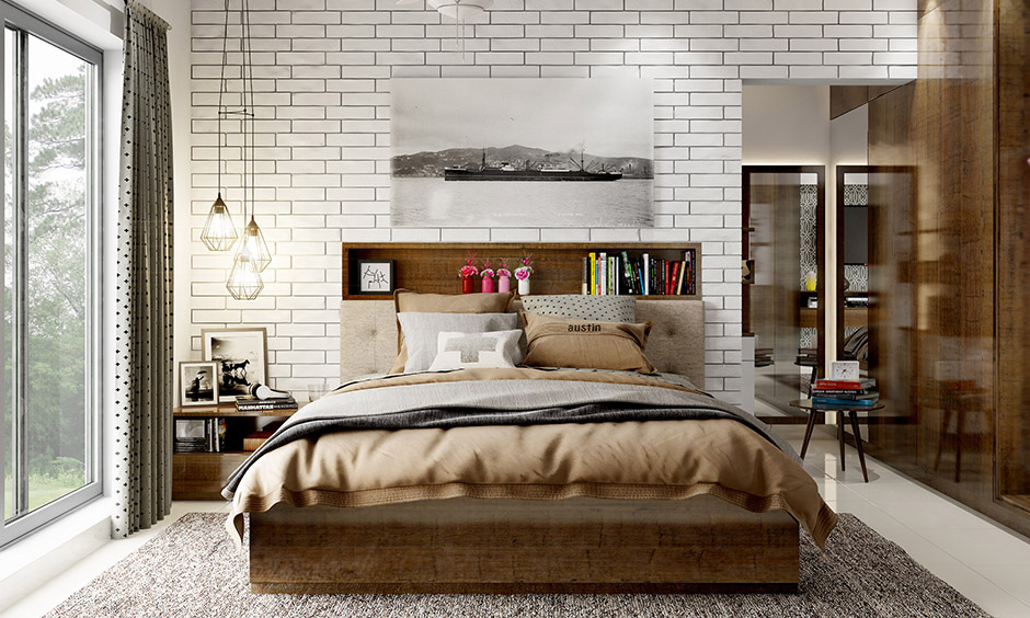 Simple white wallpaper with textured brick finish, adding modern earthy vibe to bedroom