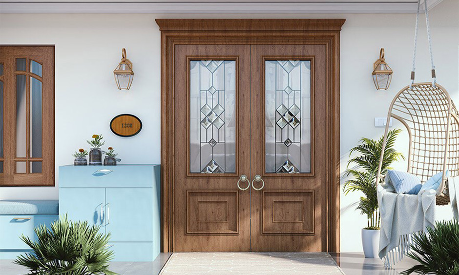 Veneer double door design with glass and wooden frame