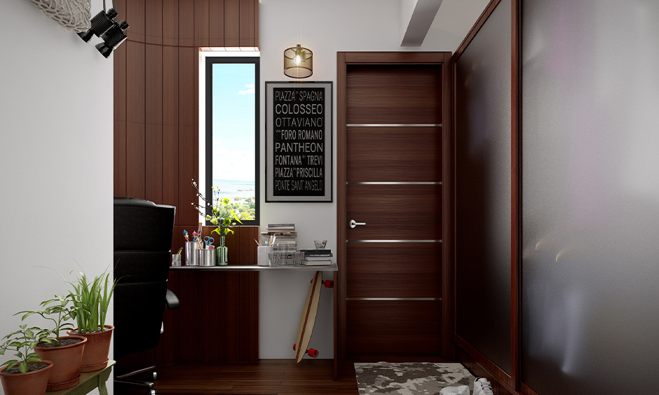 Veneer finish door with wide wooden panels and steel accents