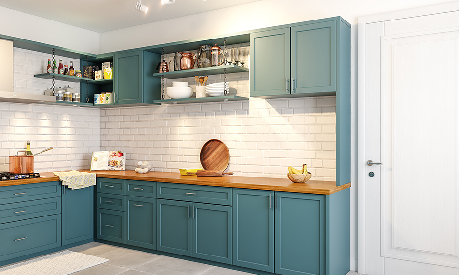 A white kitchen with blue cabinets, versatile for coastal, contemporary, Scandinavian, and farmhouse interiors