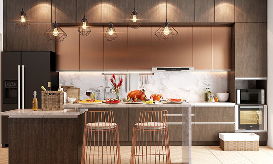 Natural wood & bronze two-colour kitchen laminate for a warm, rustic, modern vibe with black fixtures