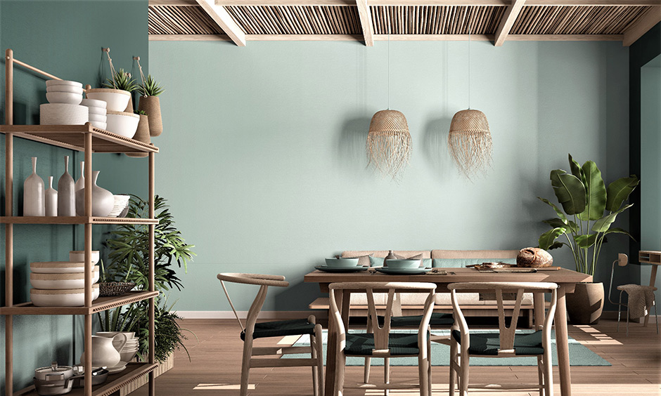 Wood coffered ceiling in modern dining room with elegant cane wood panelling