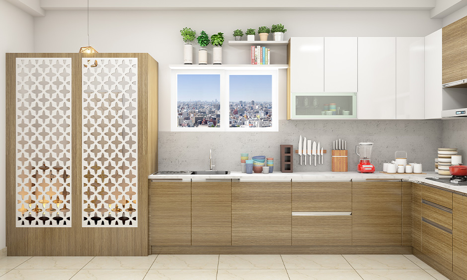 Rustic kitchen design with wooden and white laminate cabinets, paired with beige flooring and greenery accents