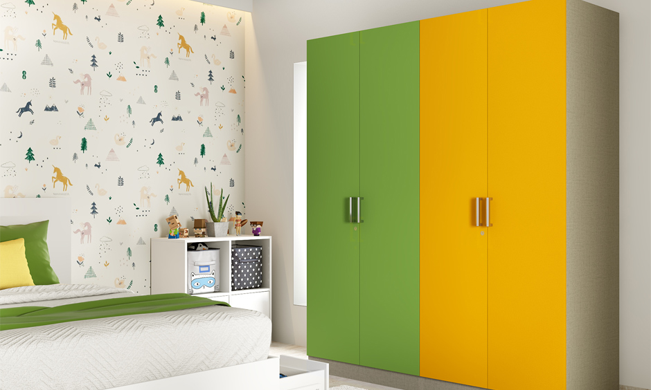 Vibrant wardrobe sunmica design in yellow and green brings outdoorsy charm indoors