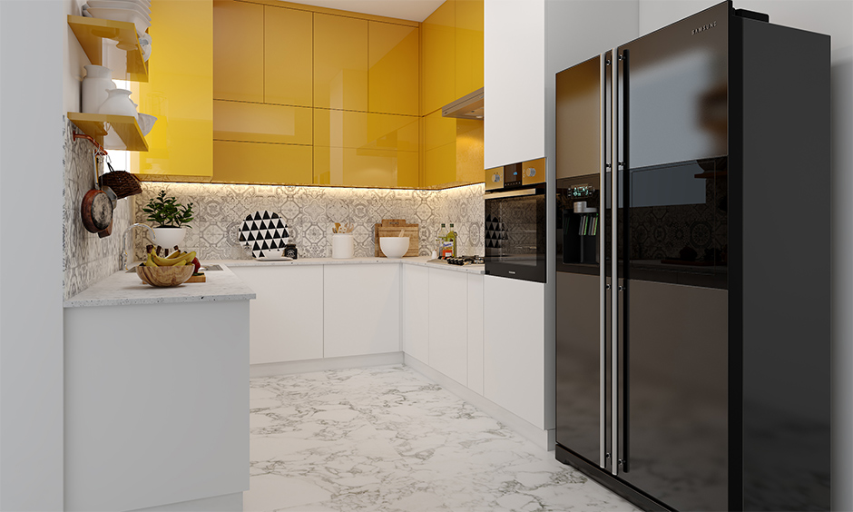 Vibrant yellow and off-white modern kitchen laminate combination for a bright and energetic cooking space