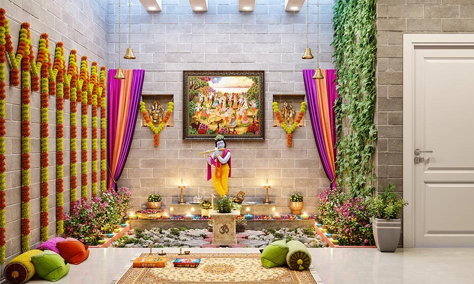 Sleek concrete tile wall cladding enhancing a modern, minimalistic prayer area design