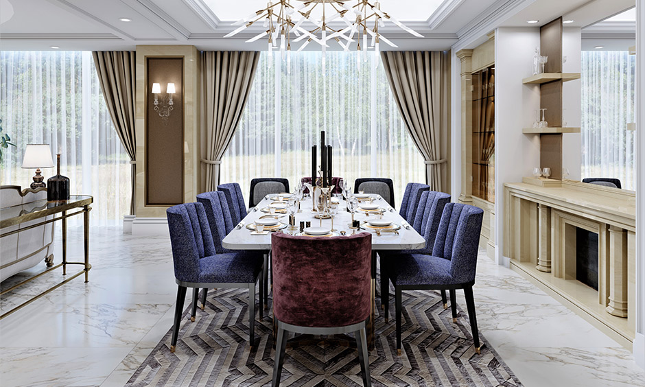 Dining room with a calcium silicate false ceiling, creating a modern, stylish ambiance and enhancing the room’s elegance.