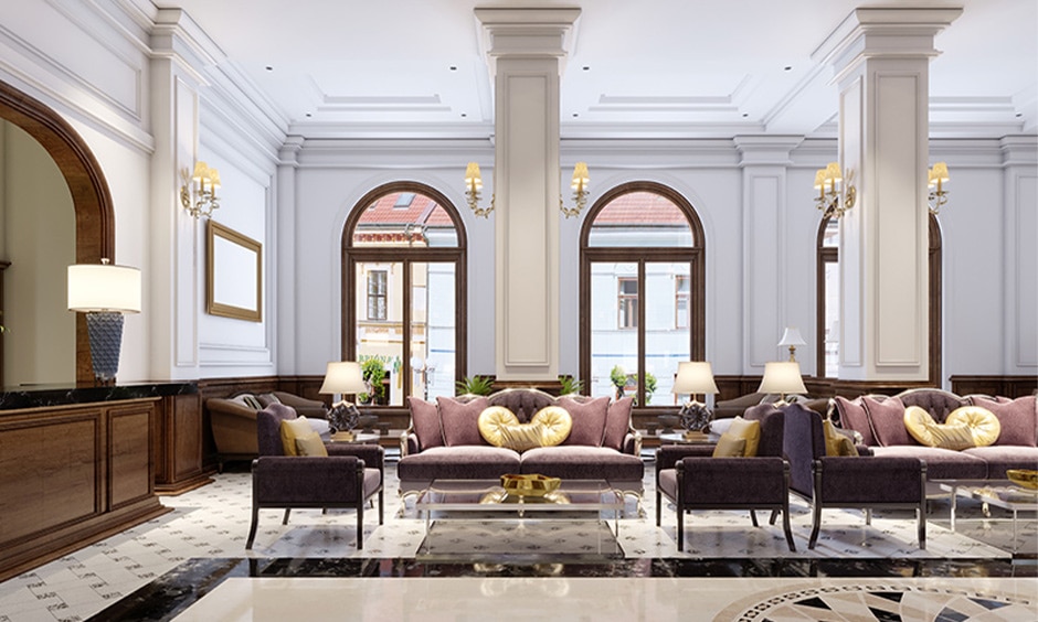 Hall marble border design adds elegance and durability to large room interiors