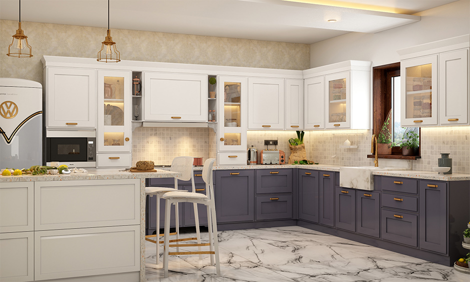 Luxury big modern kitchen with spacious island, navy cabinets, and a vibrant, inviting atmosphere