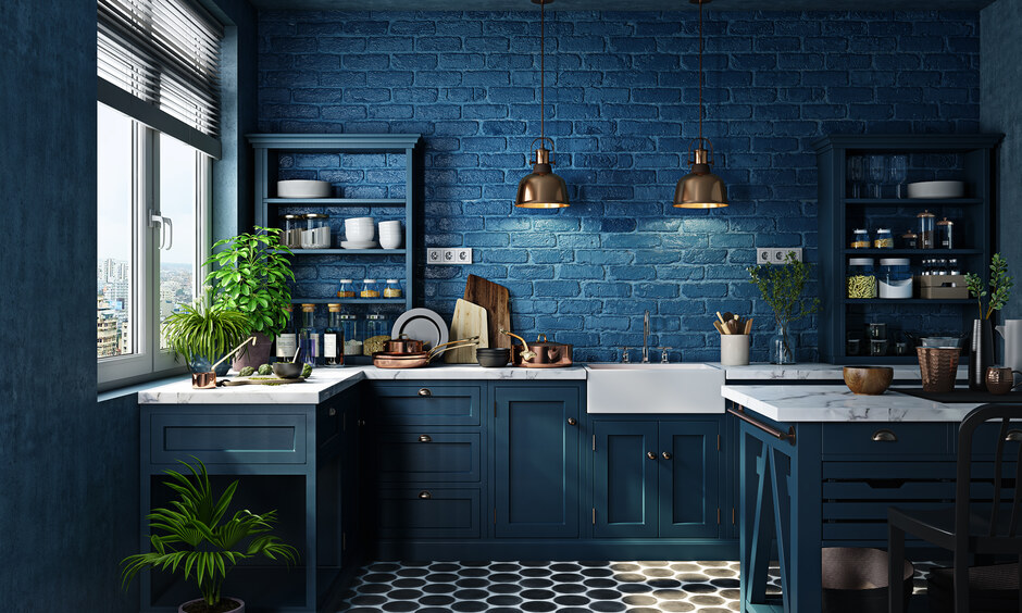 Mini modern kitchen with corner shelves, adding storage and style while saving space
