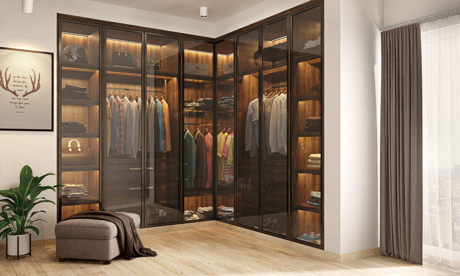Sleek modern hinged wardrobe with glass doors offers stylish storage for clothing and accessories
