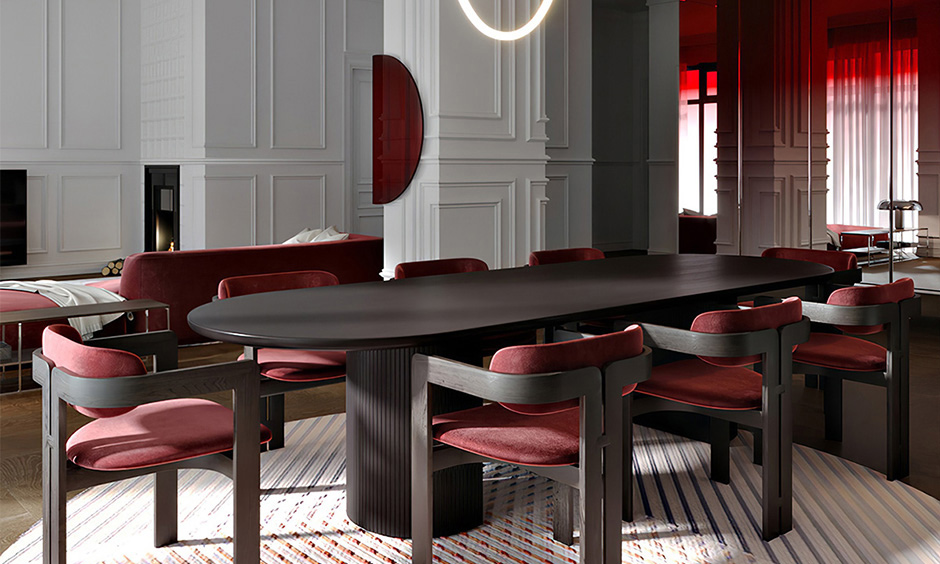 Elegant dining room with a wine colour wall combination, adding depth and sophistication