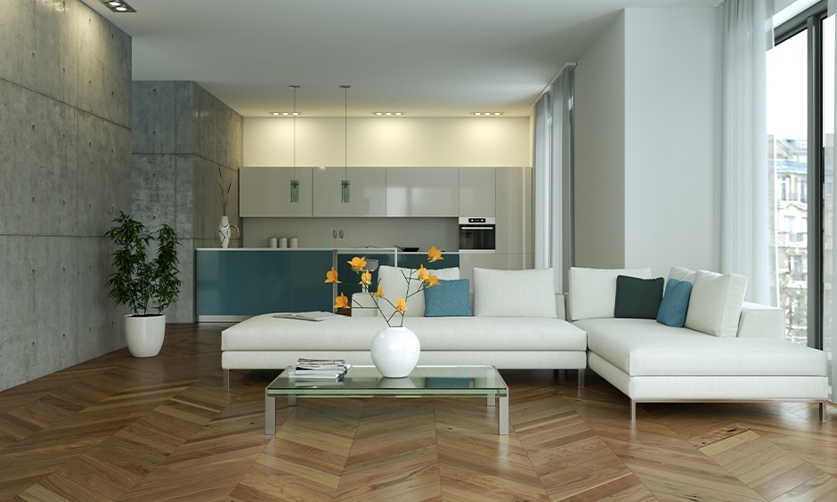 Bamboo wood flooring in a luxurious living room with parquet pattern, satin-matt finish, and sunlight