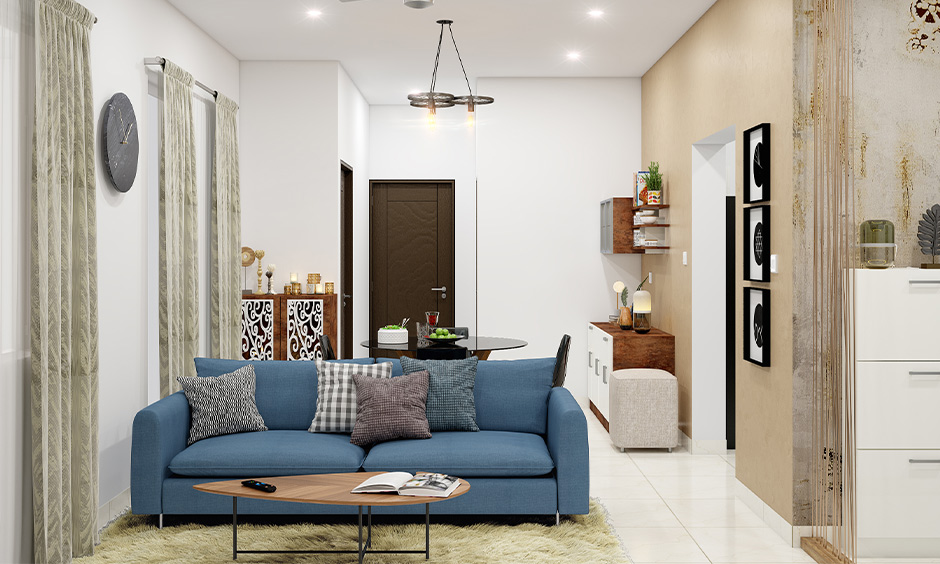 Blue sofa set in neutral living room, creating a calming, elegant, and relaxing atmosphere