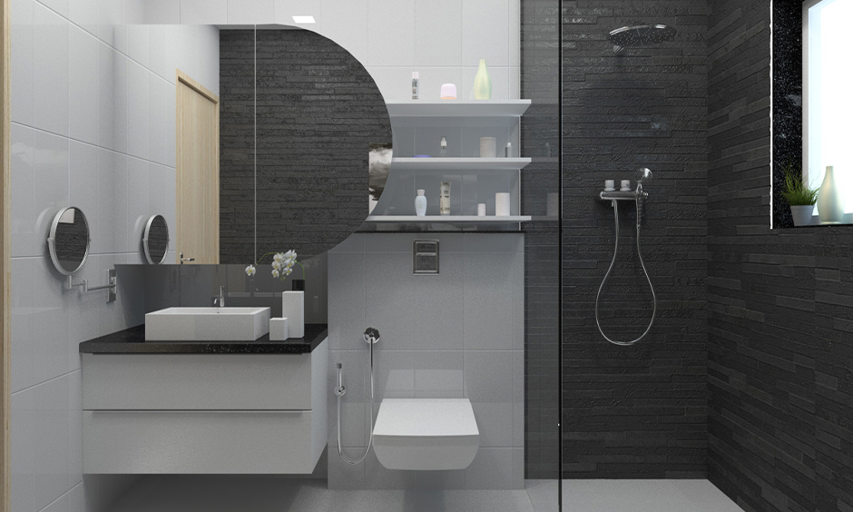 Stylish grey and white bathroom tiles create a clean, textured look with charming visual balance.