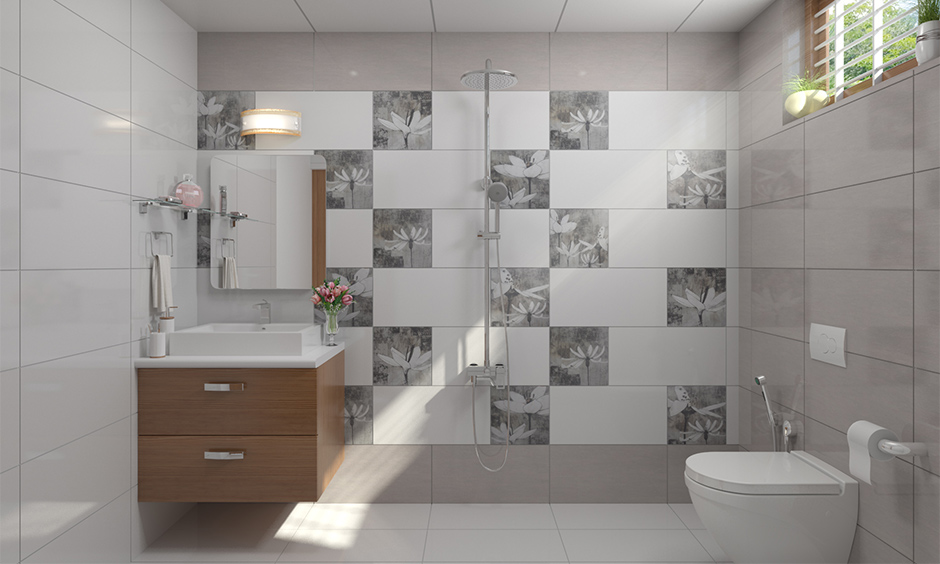 Elegant grey bathroom tile design with floral patterns for a serene, modern ambience.