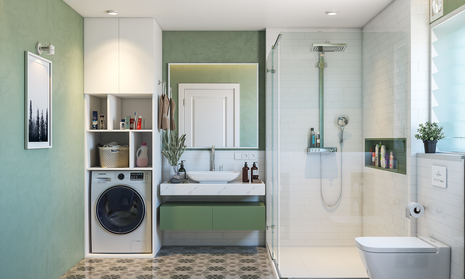 Indian small bathroom interior with space-saving vertical storage and floor-to-ceiling shelves