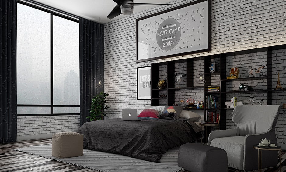Modern bed wall design with a sleek shelf setup enhancing bedroom style and saving space