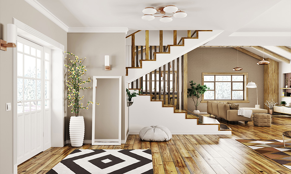 Rustic bamboo flooring with dual tones and polished finish, complementing black-and-white decor